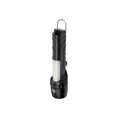 Schwarze, zylindrische LED-Arbeitsleuchte mit seitlichem Lichtstreifen und Metall-Aufhängehaken.