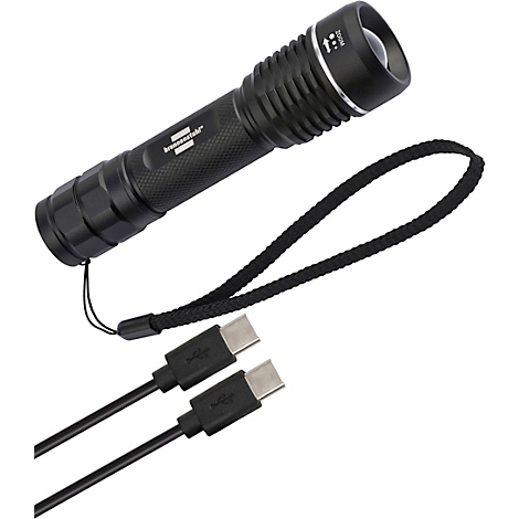 Zwarte zaklamp met zilveren rand, handriem en twee USB-C-kabels. Logo: Brunnenschild