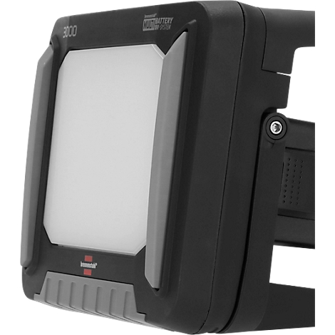 Gros plan d'une lampe de travail noire avec panneau LED et accents gris.