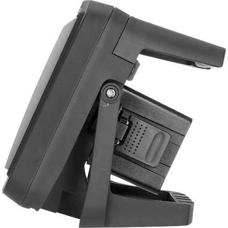 Un projecteur LED noir, vu de côté, avec une poignée intégrée et un pied réglable.