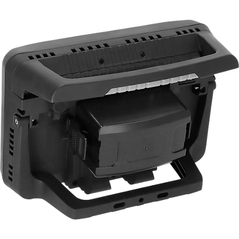 Appareil électronique noir, avec un couvercle ouvert et une batterie qui peut être insérée.