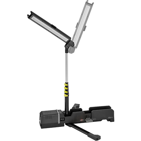 Lampe LED mobile noire avec deux panneaux lumineux réglables. Base, poteau et lampes noirs. Poignée jaune et noire.