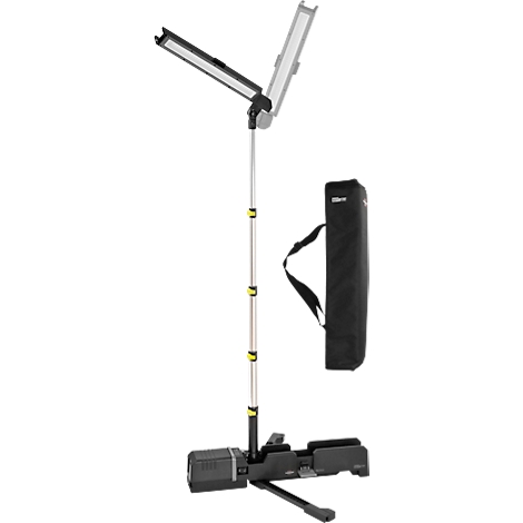 Lampe LED professionnelle avec trépied et sac de transport. Deux panneaux lumineux réglables, poteau argenté, base noire. Design compact.