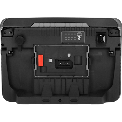 Achterkant van een zwarte werklamp met rode schakelaar, aan/uit-schakelaar, batterijniveau-indicator en USB-poort.