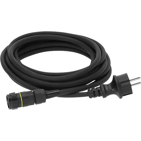 Zwart stroomkabel met stekker en ronde connector.
