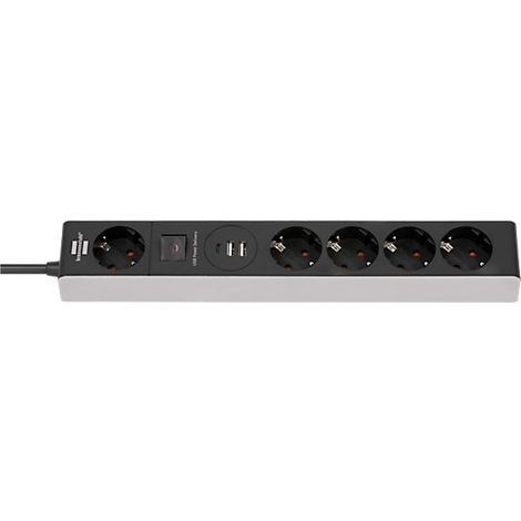 Multiprise noire avec 5 prises, ports USB et interrupteur.