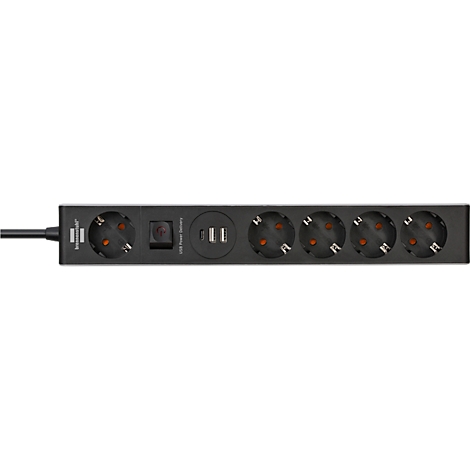 Une multiprise noire avec plusieurs prises, des ports USB et un interrupteur marche/arrêt.