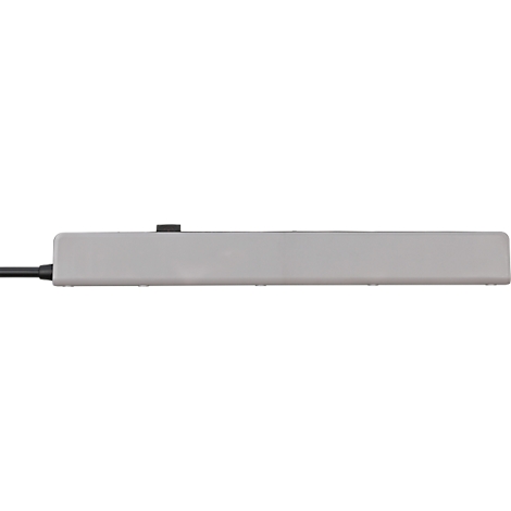 Adaptateur gris avec câble noir. Le boîtier rectangulaire a une surface légèrement rugueuse.