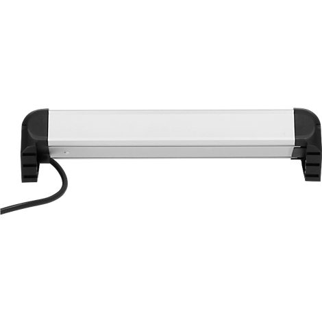 Lampe LED argentée avec embouts noirs et câble, vue détaillée.