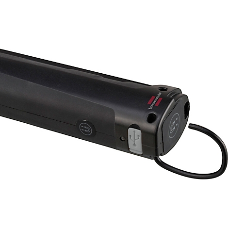 Detailopname van een zwart, langwerpig apparaatcomponent met USB-poort en ophanglus.