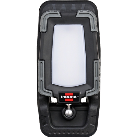 Zwarte LED-lamp met wit lichtveld, grijze beschermstrips en merklogo.