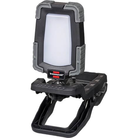 Zwarte LED-bouwlamp met grijs frame en standaard. Opschrift: brennenstuhl.