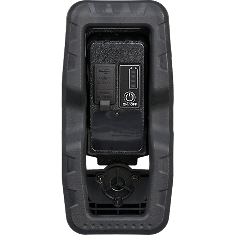 Gedetailleerd beeld van een zwarte werklamp. Achterkant met USB-poort, batterij-indicator en aan/uit-schakelaar.