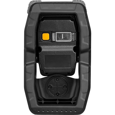Close-up van een zwarte barcodescanner met oranje knop en scanner window.
