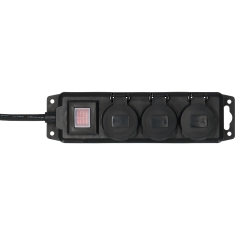 Multiprise noire avec trois prises, un interrupteur lumineux et une connexion par câble.