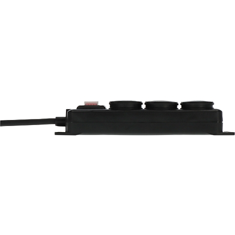 Panneau de commande noir avec trois boutons rotatifs et un bouton rouge. Un câble est connecté.