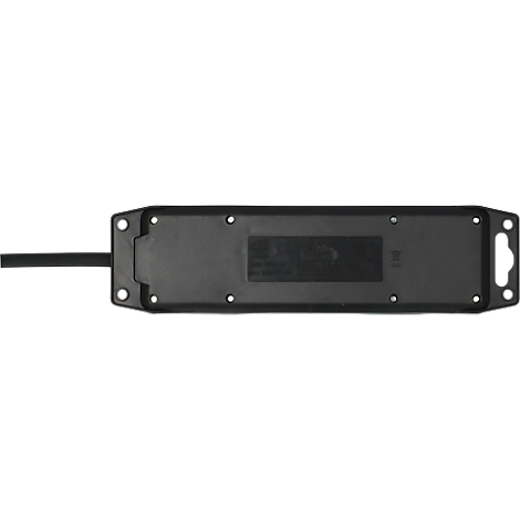Appareil rectangulaire noir avec trous de vis et un câble. Un rectangle gris avec une inscription est visible sur la surface.