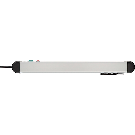 Multe stekkerdoos met overspanningsbeveiliging. Details: aan/uit-schakelaar, rode knop, groene LED, zwart oppervlak met witte markeringen.