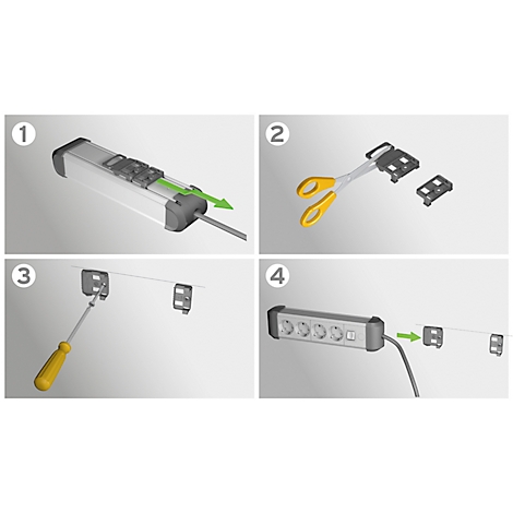 Instructions de montage d'une multiprise en plusieurs étapes : préparer la prise, fixer les supports, serrer les vis, insérer la prise dans les supports.