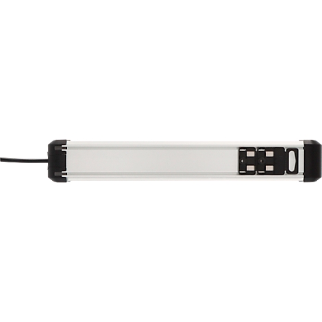Barre lumineuse mince et rectangulaire, surface argentée, extrémités noires et un câble.