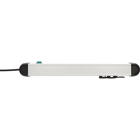 Rallonge blanche, avec un capuchon noir arrondi et un câble à une extrémité, et des prises noires à l'autre extrémité.
