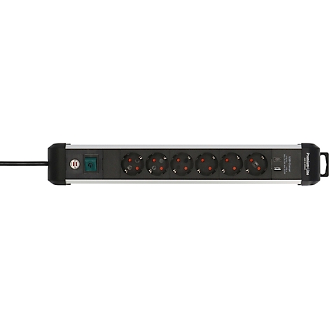 Ein schwarzes Mehrfachstecker-Stromverteilerleiste mit 7 Steckdosen, Ein-/Ausschalter und einem Netzkabel.