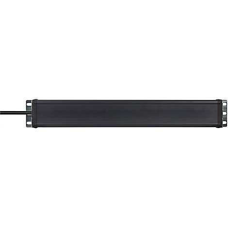 Zwart rechthoekig object, metalen uiteinden en een kabel.