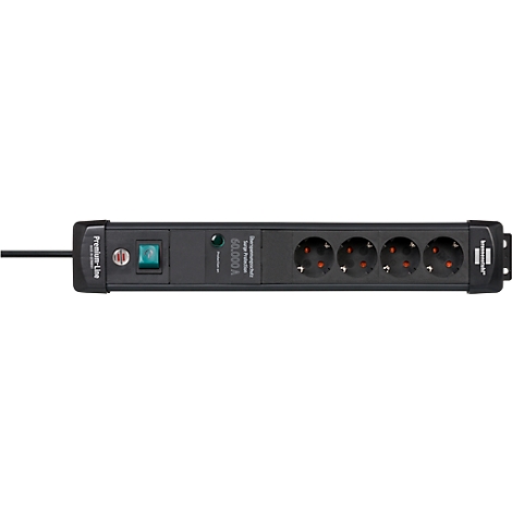 Een zwarte stekkerdoos met 4 stopcontacten, een schakelaar en een controlelampje.