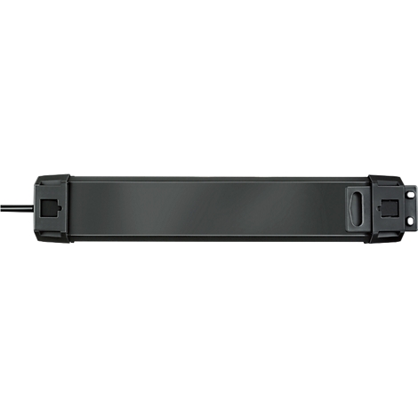 Een zwart, rechthoekig technisch apparaat, met een kabel aan één kant.