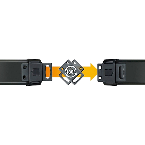 Zwart gelakte metalen connectoren met pijl en 180° rotatie.