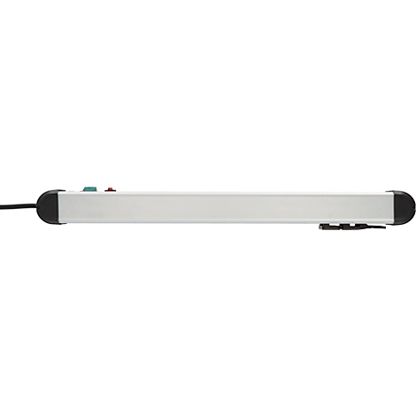 Een zwart Premium-Line stekkerblokmodule dat op een houten plank ligt. De module heeft 4 stopcontacten, zilveren randen en een handvat.