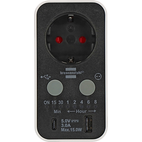 Adaptateur secteur noir avec prise, ports USB, boutons et réglages de l'heure. Le logo "brennenstuhl" est visible.