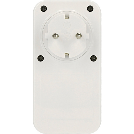 Une main appuie sur un bouton d'une minuterie branchée sur une prise. Un câble la relie à un appareil.