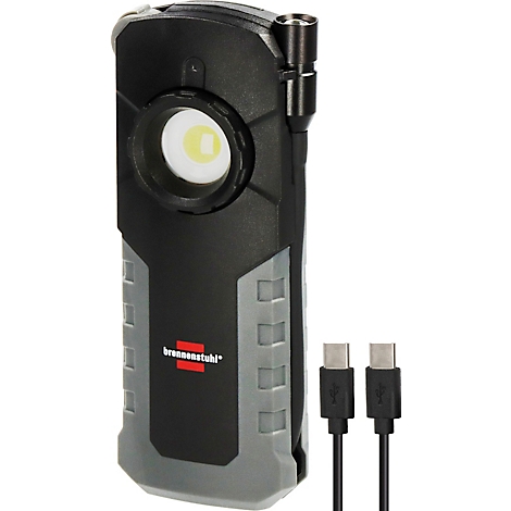 Een zwart-grijze werklamp met een heldere LED en twee USB-C-kabels.