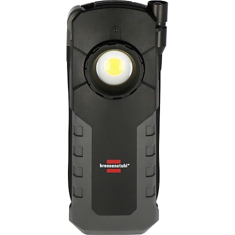 Zwarte LED-werklamp met helder licht. Gedrukte merknaam.