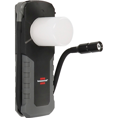 Een zwarte en grijze werklamp met een wit, cilindrisch licht aan de kop. Een kleine LED-lamp is aan de arm bevestigd.