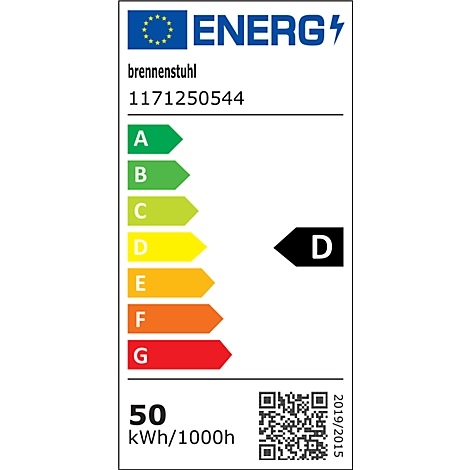 Étiquette énergie de Brennenstuhl avec classification D, A à G affichée. 50 kWh/1000h.