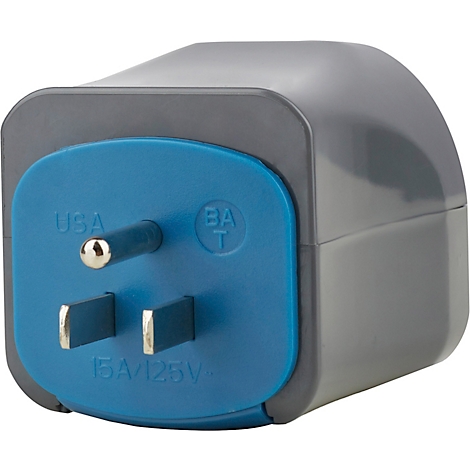 Een grijze adapter met een blauw inzetstuk. Er staat "USA" en "15A/125V" op.