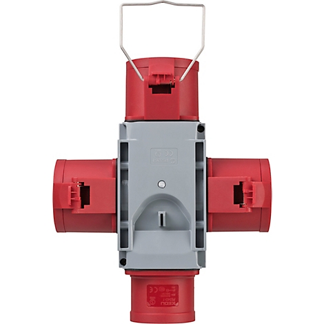 Prise multiple avec capuchon rouge et éléments gris.