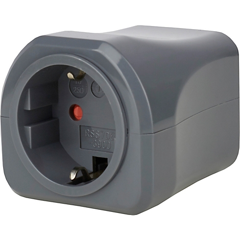 Adaptateur d'angle gris montrant une prise ronde avec deux broches métalliques. Au-dessus se trouve 250, en dessous RSS. Devant se trouve un bouton rouge.