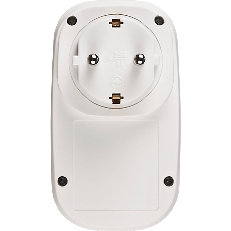 Nahaufnahme eines weißen Zwischensteckers mit zwei runden Kontaktlöchern, zwei Kontaktstiften und einer rechteckigen Aussparung.