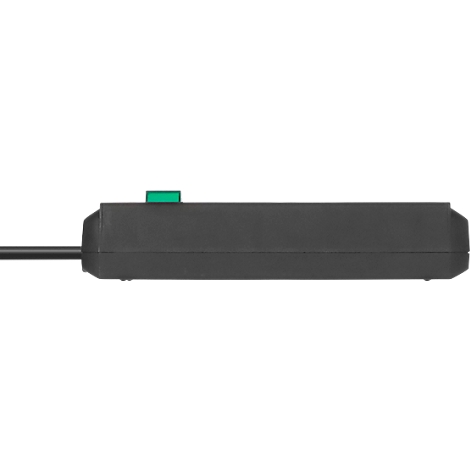 Schwarzes elektronisches Gerät mit grünem Schalter, Stecker und Kabel.