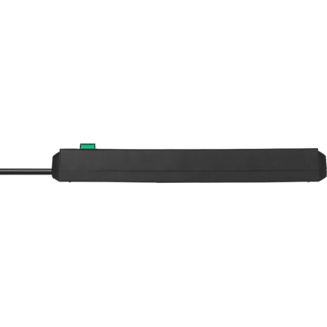 Ein rechteckiger, schwarzer Adapter mit einem grünen Knopf und einem daran befestigten schwarzen Kabel.