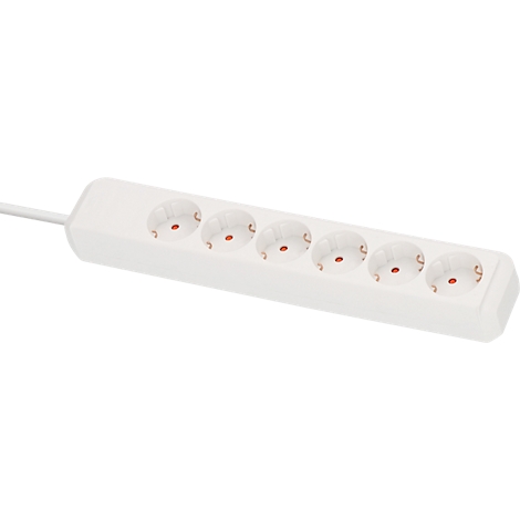 Weisse Steckdosenleiste mit sechs Steckplätzen, links ein weisses Kabel.