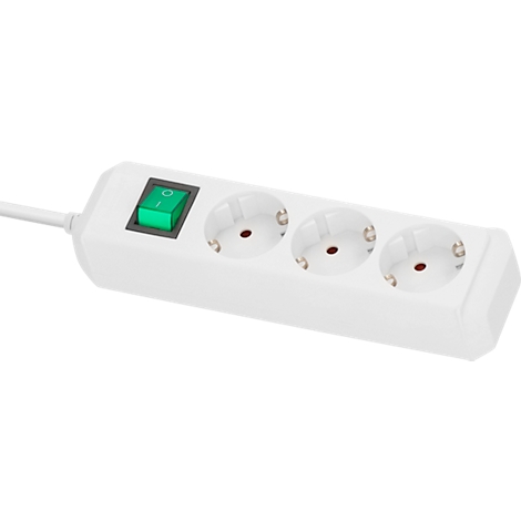 Witte stekkerdoos met drie stopcontacten, een groene schakelaar en een kabel.