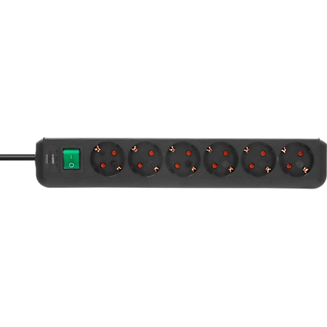 Een zwarte stekkerdoos met zes stopcontacten, een groene aan/uit-schakelaar en een aangesloten kabel.
