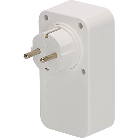 Witte adapter met EU-stekker, detailweergave. De stekker is rechthoekig en heeft drie gaten.