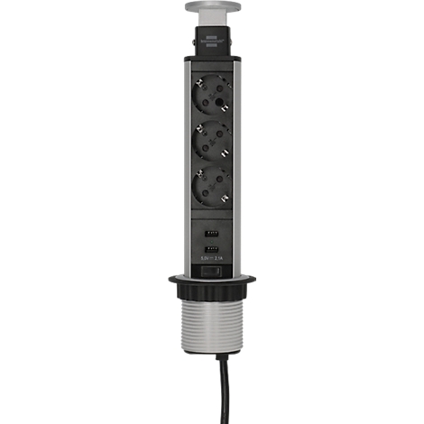 Intrekbaar stopcontact met drie stopcontacten, twee USB-poorten en een stroomkabel.
