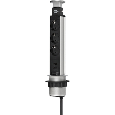 Een metalen pop-up stopcontacttoren met drie stopcontacten, USB-poorten en een uittrekbare knop.