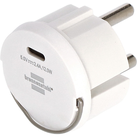 Witte stekkeradapter met twee metalen pinnen en een metalen beugel.